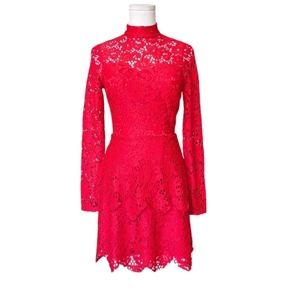 Missguided Y2K Lace Ruffle Tiered Mini Dress Size 0 Cherry Red Coquette Fairy‎